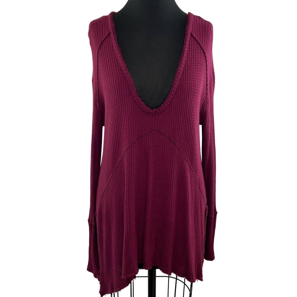 Free People Burgundy Purple Waffle Knit Plunge Neck Asymmetric Thermal Top S